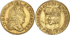 Louis XIV (1715-1774) - Or - Demi- Louis à l'écu 1690 B - Rouen - Réformation.
A/ LVD XIIIII FR ET NAVREX,
Louis XV, lauré à droite.
R/ SIT NOMEN D...