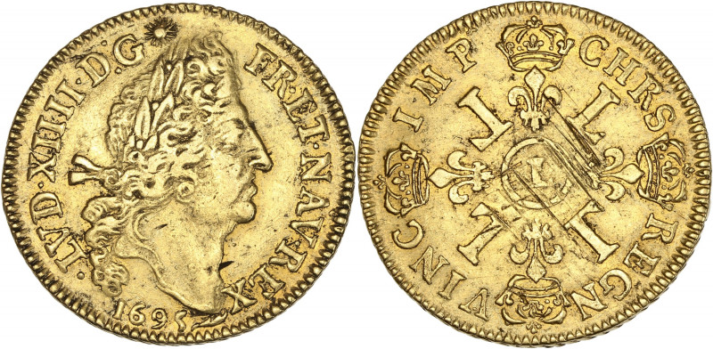 Louis XIV (1643-1715)- Or -Double Louis d'or aux quatre L 1695 L - Bayonne.
A/ ...