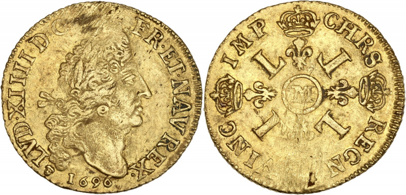 Louis XIV (1643-1715)- Or - Double Louis d'or aux quatre L 1696 M - Toulouse.
A...
