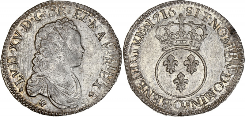 Louis XV (1715-1774) - Argent - Demi-écu écu Vertugadin 1716 O - Riom - Réformat...