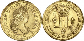 Louis XV (1715-1774) - Or - Louis aux deux L 1722 S - Reims - Réformée.
A/ LUD XV G G FR ET NAV REX 1722,
Louis XV, lauré à droite.
R/ CHRISTUS REG...