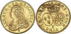 Louis XV (1715-1774) - Or - Louis d'or aux lunettes 1728 S - Reims.
A/ LUD XV G G FR ET NAV REX,
Louis XV, drapé à gauche.
R/ CHRS REGN VINC IMPER ...