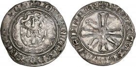 Duché de Bretagne - Jean IV (1365-1373) - Blanc à la targe.
A/ IOHANNES DVX BRITANIE,
Targe échancrée dotée de six mouchetures dans un entourage à dou...