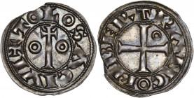Languedoc - Comté de Toulouse - Bertrand (1105-1112) - Argent - Denier.
A/ BERTRAN COM,
Croix cantonnée d'annelet.
R/ TOLOSA CIVI,
Croix entre deu...