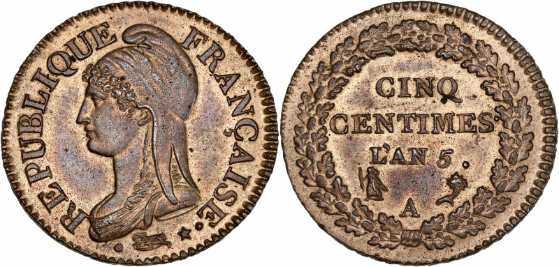 Directoire (1795-1799) - Cuivre - Cinq centimes Dupré grand module L'an 5 A - Pa...