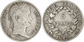 Premier Empire (1804-1814) - Argent - 5 francs Napoléon Empereur 1812 - Rome.
A/ NAPOLEON EMPEREUR,
Napoléon Ier lauré à droite, signé: BRENET.
R/ ...