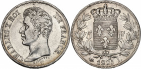Charles X (1824-1830) - Argent - 5 francs 1825 L - 1er type - Bayonne.
A/ CHARLES X ROI DE FRANCE,
Charles X à gauche, signé: MICHAUT T.
R/ 5 F écu de...