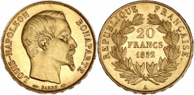 Louis Napoléon Bonaparte (1852-1870)- Or- 20 Francs or 1852 A - Paris.
A/ Louis Napoléon Bonaparte à droite, tête nue, signé :BARRE.
R/ RÉPUBLIQUE F...
