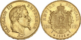 Napoléon III (1852-1870) - Or - 100 francs tête laurée 1862 BB - Strasbourg.
A/ NAPOLEON III EMPEREUR signé: BARRE, 
Napoléon III lauré à droite. 
R/ ...