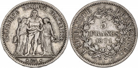 IIIème République (1870-1940) - Argent - 5 francs Hercule 1871 A - Paris.
A/ LIBERTÉ ÉGALITÉ FRATERNITÉ,
Hercule debout de face portant la léonté, de ...