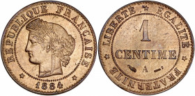 IIIème République (1870-1940) - Bronze - 1 centime Cérès 1884 A - Paris. 
A/ Tête de Cérès à gauche, 1884.
R/ LIBERTE EGALITE FRATERNITE,
au centre, 1...