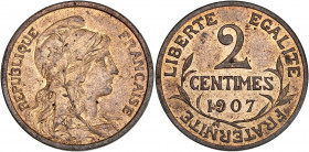 IIIème République (1870-1940) - Bronze - 2 centimes 1907
A/ RÉPUBLIQUE FRANÇAISE,
RÉPUBLIQUE à droite portant un bonnet phrygien doté d'une branche d'...