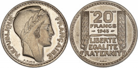 Gouvernement Provisoire (1944-1947) - Cupro-nickel - Essai de 20 francs 1945 Turin.
A/ RÉPUBLIQUE FRANÇAISE,
R/ 20 FRANCS 1945 LIBERTE EGALITE FRATERN...