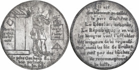 IIème République (1848-1852) - Père Duchène en colère 1848 - Étain.
A/ Le Père Duchène à droite, portant un bonnet de la liberté et une pipe dans la b...