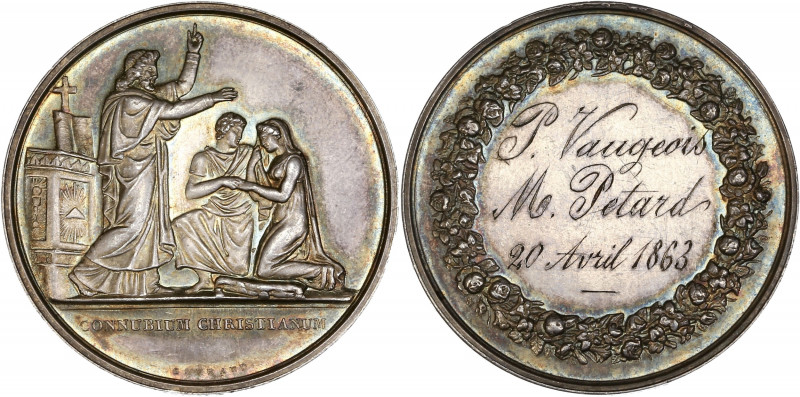 Amour et Mariage chrétien - Argent. 
A/ Exergue: CONNUBIUM CHRISTIANUM;
un prêtr...