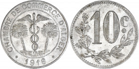 Chambre de Commerce d'Alger 1916 - Algérie - Aluminium - 10 centimes.
A/ CHAMBRE DE COMMERCE D'ALGER 1916,
caducée au centre, de part et d'autre, deux...