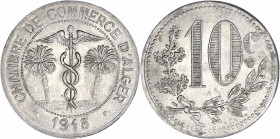 Chambre de Commerce d'Alger 1918- Algérie - Aluminium - 10 centimes.
A/ CHAMBRE DE COMMERCE D'ALGER 1918,
caducée au centre, de part et d'autre, deux ...