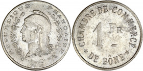 Chambre de Commerce de Bône - Algérie - Cupro-nickel - 1 Franc.
A/ RÉPUBLIQUE FRANÇAISE
la République portant un bonnet phrygien à gauche, signé: BORY...