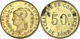 Chambre de Commerce de Bône - Algérie - Laiton - 50 centimes.
A/ RÉPUBLIQUE FRANÇAISE
la République portant un bonnet phrygien à gauche, signé: BORY.
...
