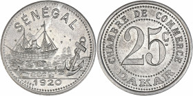 Chambre de Commerce Dakar 1920 - Sénégal - Aluminium - 25 centimes.
A/ SÉNÉGAL 1920,
Scène portuaire.
R/ CHAMBRE DE COMMERCE
25c DAKAR, signé: J.B...