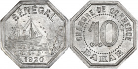 Chambre de Commerce Dakar - Sénégal - Aluminium - 10 centimes.
A/ SÉNÉGAL, signé : BORY.
Scène portuaire,1920.
R/ CHAMBRE DE COMMERCE DAKAR,
10 C....