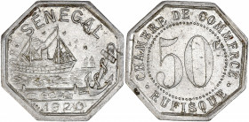 Chambre de Commerce Rufisque 1920 - Sénégal - Aluminium - 50 centimes.
A/ SÉNÉGAL, signé : BORY.
scène portuaire, 1920.
R/ CHAMBRE DE COMMERCE RUFI...