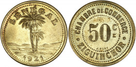 Chambre de Commerce Ziguinchor 1921 - Sénégal - Laiton - 50 centimes.
A/ SÉNÉGAL 1921,
deux palmiers.
R/ CHAMBRE DE COMMERCE ZIGUINCHOR,
50 C au centr...