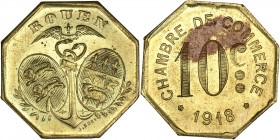 Chambre du commerce Rouen 1918 - Laiton - 10 centimes. 
A/ Rouen,
Armes de la ville de Rouen, siné : J. BORY. 
R/ CHAMBRE DE COMMERCE 10 C 1918.
26mm ...