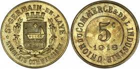 Union du Commerce et de l'Industrie - Saint-Germain-en-Laye - Laiton - Essai de 5 centimes 1918.
A/ ST-GERMAIN-EN-LAYE SYNDICATS COMMERCIAUX,
Blason d...