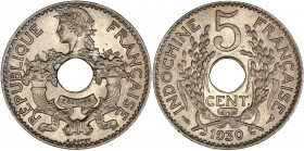 Indochine - Cupro-nickel - 5 centimes 1930.
A/ RÉPUBLIQUE FRANÇAISE.
R/ INDOCHINE FRANÇAISE, 5 CENT 1930.
24mm - 4.90g - FDC