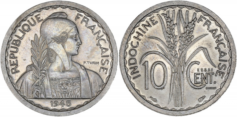 Indochine - Aluminium - 10 centimes Turin 1945.
A/ RÉPUBLIQUE FRANÇAISE,
Buste d...