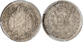 Bolivie - Argent - 5 Centavos 1872 PTS - FE
A/ REPUBLICA DE BOLIVIA,
Emblème de la bolivie.
R/ LA UNION HACE LA FUERZA,
CINCO CENT 9 D FINO dans u...