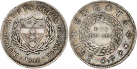 Colombie - Argent - 2 Reales 1848
A/ REPÚBLICA DE LA NUEVA GRANADA 1848,
bouclier dans une couronne.
R/ BOGOTA 0,900 LEY,
au centre dans une couro...