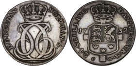 Denmark - Christian VI (1730-1746) - Argent - 24 Skilling 1732 CW.
A/ 6C 6C, DGRX DAN NORV VANG,
monogramme couronné.
R/ 24 SKILLING DANSKE COUR M ...