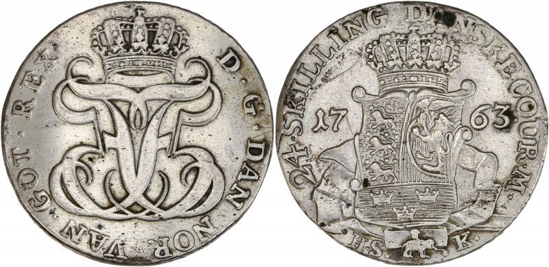 Denmark - Frederik V (1766-1723) - Argent - 24 Skilling 1763 HSK.
A/ F5 F5 DG D...