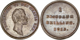 Danemark - Frédérik VI (1808-1839) - 1 Rigsbankskilling 1813.
A/ FRIDERICUS VI DEI GRATIA REX,
Frédérik VI à droite. 
R/ RIGSBANK SKILLING 1813.
Écu c...
