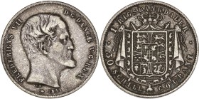 Danemark - Frédéric VII (1848-1863) - 1 Rigsbankdaler 1851 VS.
A/ FREDERICVS VII DG DANIÆ VG REX, 1851 VS,
Frédérik VII à droite, sous le cou, signé...