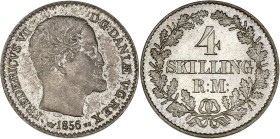 Danemark - Frédérik VI 1808-1839) - Argent - 4 Skilling 1856 VS.
A/ FREDERICVS VII DG DANIÆ VG REX 1856 VS,
Frédérik VI à droite.
R/ 4 SKILLING RM ...