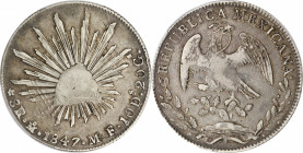 Mexique - Argent - 8 reales 1847 M-F - Mexico
A/ 8 R M 1847 M F 10 Ds 20 G,
Bonnet phrygien inscrit LIBERTAD sur un fond rayonnant.
R/ REPUBLICA ME...