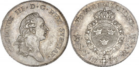 Suède - Gustave III (1771-1792) - Argent - 1/3 Riksdaler 1777 OL.
A/ GUSTAVUS III DG REX SVECIAE,
Gustave III à droite
R/ FÄDERNESLANDET 1/3 RD 1D ...