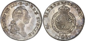 Suède - Gustave III (1771-1792) - Argent - 1/6 Riksdaler 1787 OL.
A/ GUSTAVUS III DG REX SVECIAE,
Gustave III à droite.
R/ FÄDERNESLANDET 1/6 RD 17...