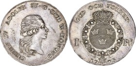 Suède - Gustave IV (1792-1809) - Argent - I Riksdaler 1793 OL.
A/ GUSTAF IV ADOLPH SV G OCH W KONUNG
Gustave IV à droite.
R/ GUD OCH FOLKET, 1RD 17...