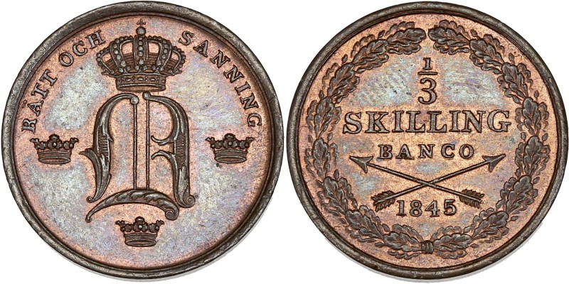 Suède - Oscar Ier (1844-1859) - Cuivre - 1/3 Skilling banco 1845.
A/ RATT OCH S...