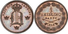 Suède - Oscar Ier (1844-1859) - Cuivre - 1/3 Skilling banco 1845.
A/ RATT OCH SANNING,
au centre, monogramme couronné autour de trois couronnes.
R/...