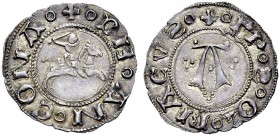 Monete di zecche italiane 
 Ancona 
 Repubblica sec. XV. 
 Bolognino, AR 0,80 g. · DE ANCONA Cavaliere al galoppo verso d., con la spada brandita. ...