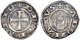 Monete di zecche italiane 
 Arezzo 
 Repubblica, 1230-1250. Grosso da 12 denari, AR 1,59 g. · DE ARITIO Croce patente. Rv. SA’ DONATVS Mezza figura ...