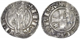 Monete di zecche italiane 
 Berignone 
 Ranieri III Belforte, 1301-1321. 
 Grosso agontano da 20 denari, AR 1,40 g. · EP RA – NERIVS Il Santo, mitr...