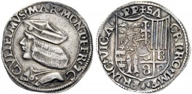 Monete di zecche italiane 
 Casale 
 Guglielmo II Paleologo, 1494-1518 . Testone, AR 8,59 g. GVLIELMVS MAR MONT FE 7C Busto a s., con berretto. Rv. ...