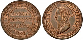 Monete di zecche italiane 
 Fermo 
 Pio VI (Giovanni Angelo Braschi), 1775-1779. Madonnina da 5 baiocchi anno XIII/1767, Cu 15,27 g. Muntoni 317. Be...