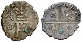 Monete di zecche italiane 
 Frinco 
 Ercole Mazzetti, 1587-1601. Trillina, Mist. 0,55. MONETA FRINGI Grande F coronata. Rv. HERCVLES MACETVS Stemma ...